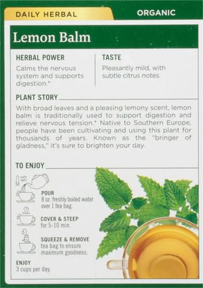 Organic, Lemon Balm - Supports Stress Relief & Digestive Health - Kosher, Non-Gmo, Caffeine-Free, Compostable - 16 Tea Bags