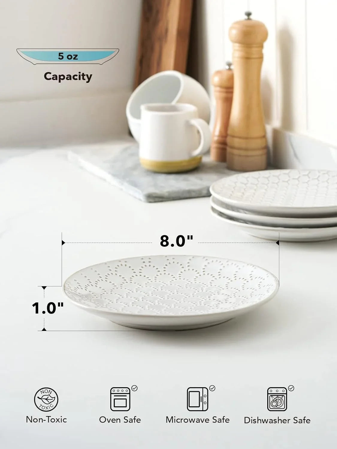 8 Inch Ceramic Salad Plates Set of 4, Modern Embossed Appetizer Plates for Kitchen, Small Dessert Plates, Microwave & Dishwasher Safe Dinnerware Sets - Arctic White