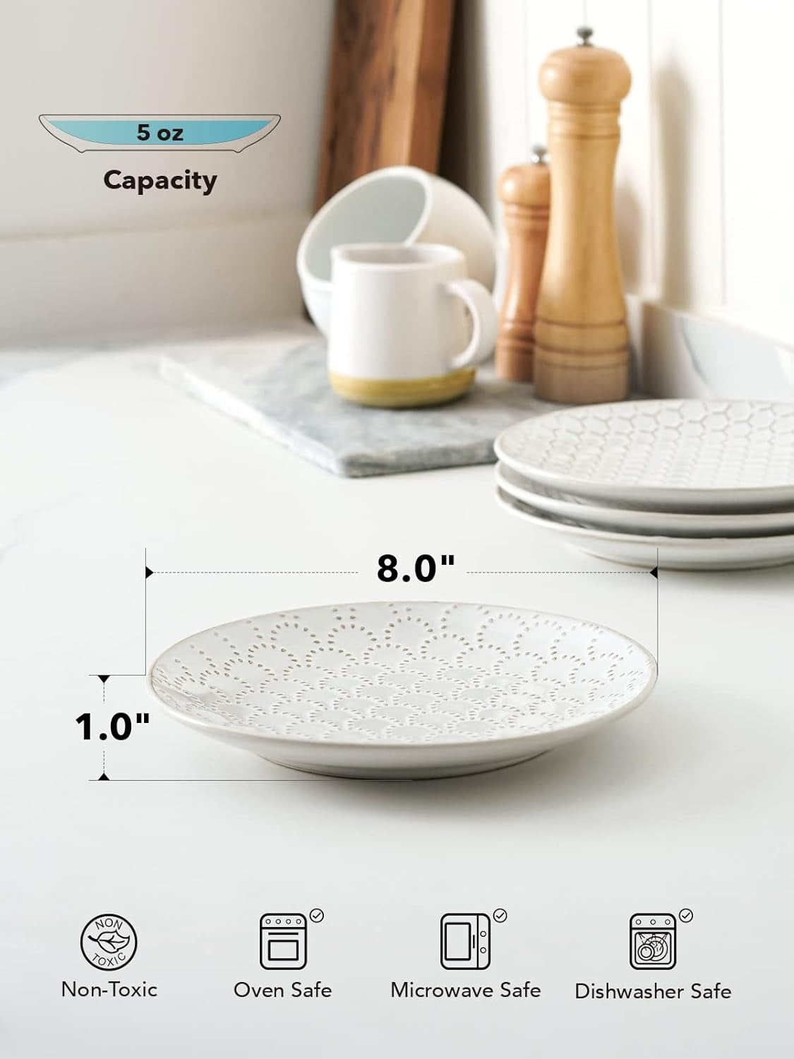8 Inch Ceramic Salad Plates Set of 4, Modern Embossed Appetizer Plates for Kitchen, Small Dessert Plates, Microwave & Dishwasher Safe Dinnerware Sets - Arctic White