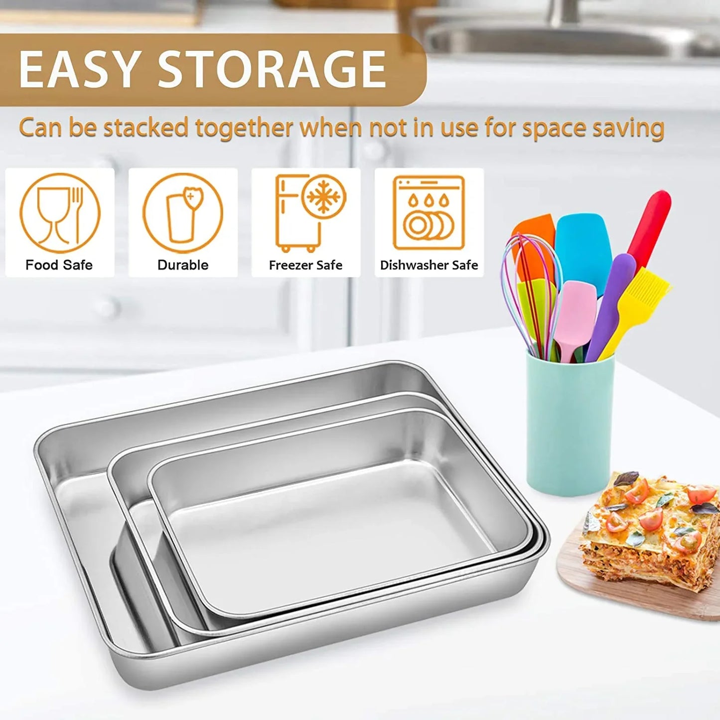 Baking Pans Set of 3, Stainless Steel Sheet Cake Pan for Oven - 12.5/10.5/9.4Inch, Rectangle Bakeware Set for Cake Lasagna Brownie Casserole Cookie, Non-Toxic & Healthy, Dishwasher Safe