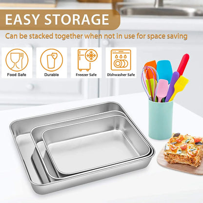 Baking Pans Set of 3, Stainless Steel Sheet Cake Pan for Oven - 12.5/10.5/9.4Inch, Rectangle Bakeware Set for Cake Lasagna Brownie Casserole Cookie, Non-Toxic & Healthy, Dishwasher Safe