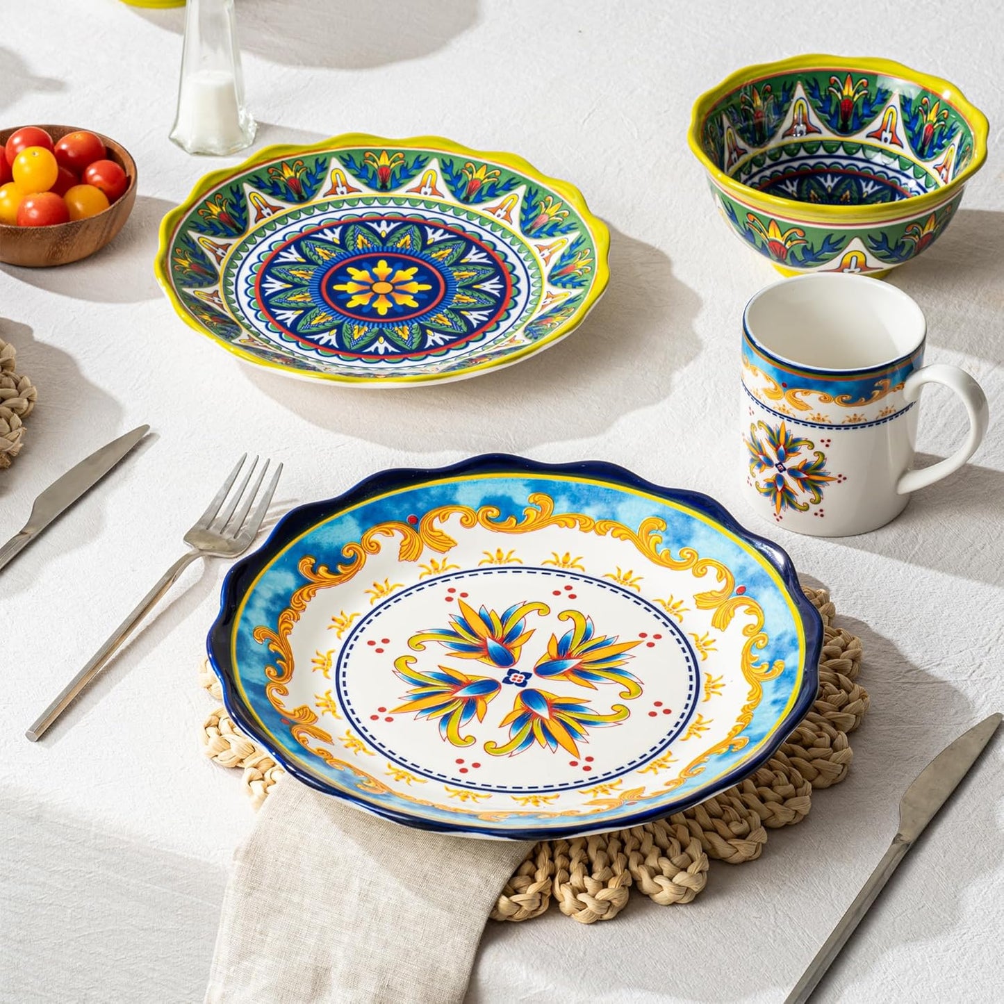 Ceramic Dessert Plate Set of 4, 9 Inch Snack Plates with Scalloped Edges – Serving Dishes for Salad, Cake, Cheese, Vibrant Boho Decoration, Microwave & Dishwasher Safe