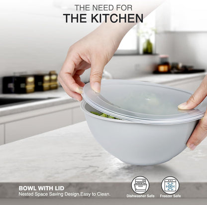 Plastic Mixing Bowls with Lids Set for Kitchen, 6 Set Nesting Bowls for Mixing, Baking, Prepping, Cooking and Serving Food, Mixing Bowls Dishwasher, Microwave Safe