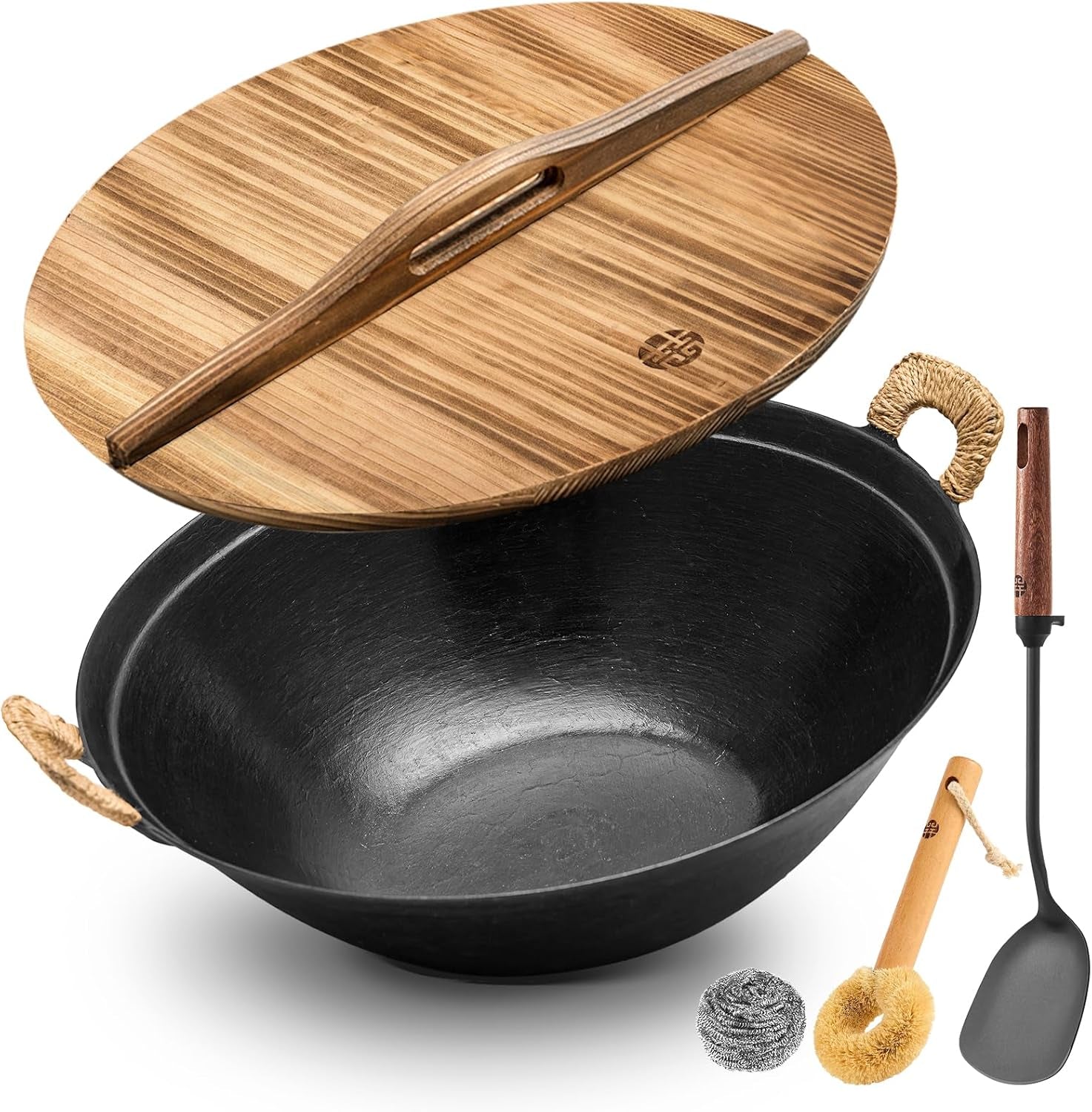 14.2 Inch Cast Iron Wok with Wooden Lid and Iron Spatula, Flat Bottom Double-Handle Chinese Stir Fry Pan, Uncoated Cast Iron Wok for Induction, Gas and Electric Stoves