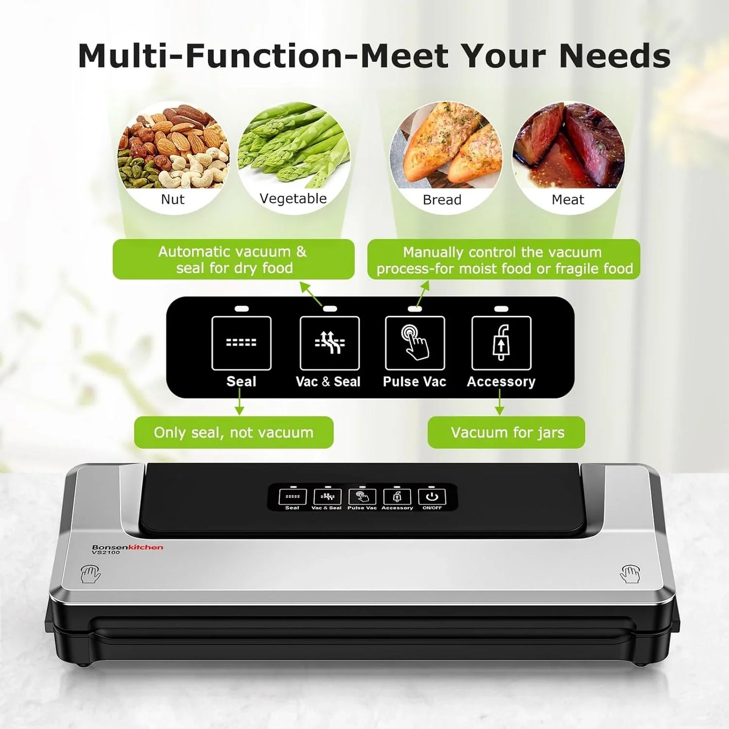 Vacuum Sealer Machine | Compact Food Sealer for Kitchen Storage & Meal Prep | Multiple Modes​​ | External Vacuum System | 5 Bags, Silver​​