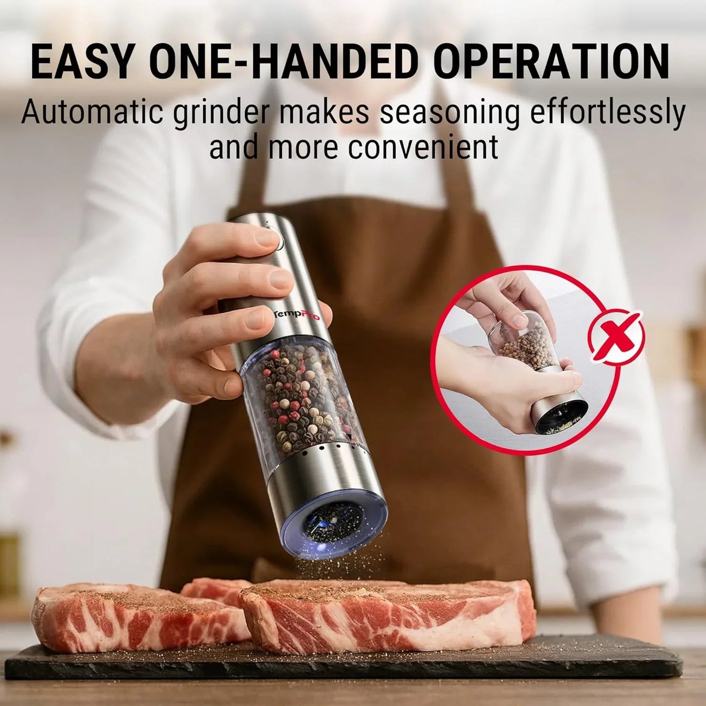 100Ml Electric Salt and Pepper Grinder Set Rechargeable, Automatic Pepper Grinder Shakers with External Adjustment, Refillable Pepper Mill Set with Cover & LED, 2-Pack(Previously Thermopro)