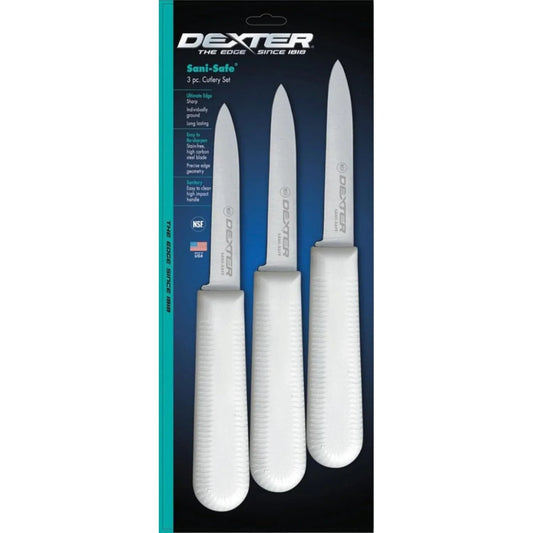 Sani-Safe 3-Pack of 3¼" Paring Knives, Slip-Resistant White Handles, Durable DEXSTEEL Blades – Ideal for Precise Peeling & Carving Fruits and Vegetables, NSF Certified