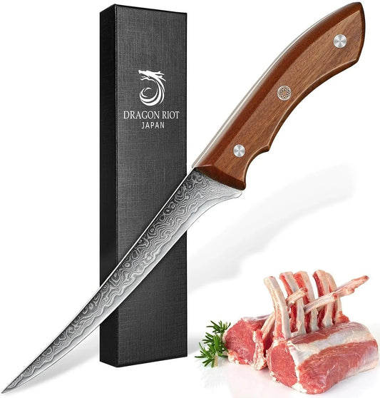 Damascus Boning Knife 6 Inch, Professional VG-10 Steel Japanese Fillet Knife, Flexible Deboning Knife,Kitchen Trimming Knife with Ergonomic Wood Handle, Premium Gift Box