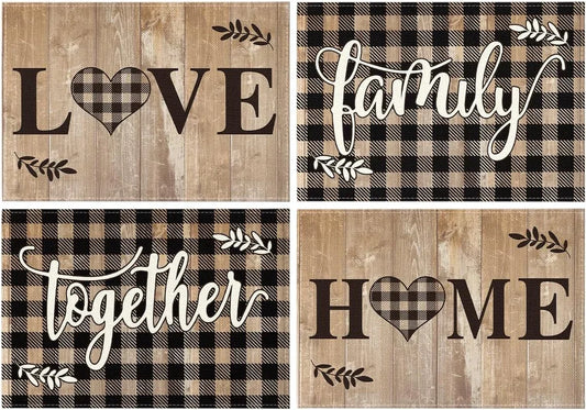 Wood Love Family Home Together Buffalo Plaid Placemats Set of 4, 12X18 Inch Farmhouse Table Mats Party Kitchen Dining Decoration