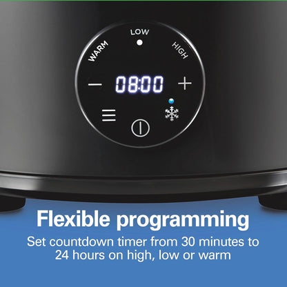 6 Quart Set & Forget Programmable Slow Cooker with Defrost Function, Flexible Programming, Adjustable Countdown Timer, Large Dishwasher Safe Stoneware Crock and Glass Lid, Black (33765)