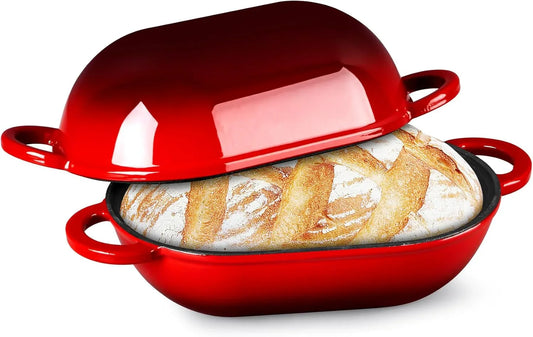 Enameled Cast Iron Bread Loaf Pan, 2 QT Oval Dutch Oven with Lid for Sourdough Bread Baking, Enameled Meatloaf Loaf Baking Pan with Lid, Even Heat Distribution & Self-Basting, Red