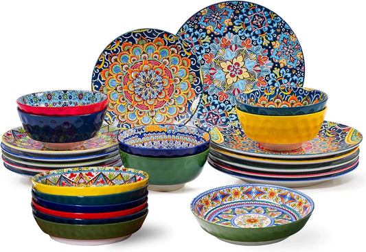 24 Pieces Dinnerware Sets, Ceramic Plates and Bowls Set, Microwave and Dishwasher Safe, Scratch Resistant, Bohemian Style Dishware Set, Service for 6