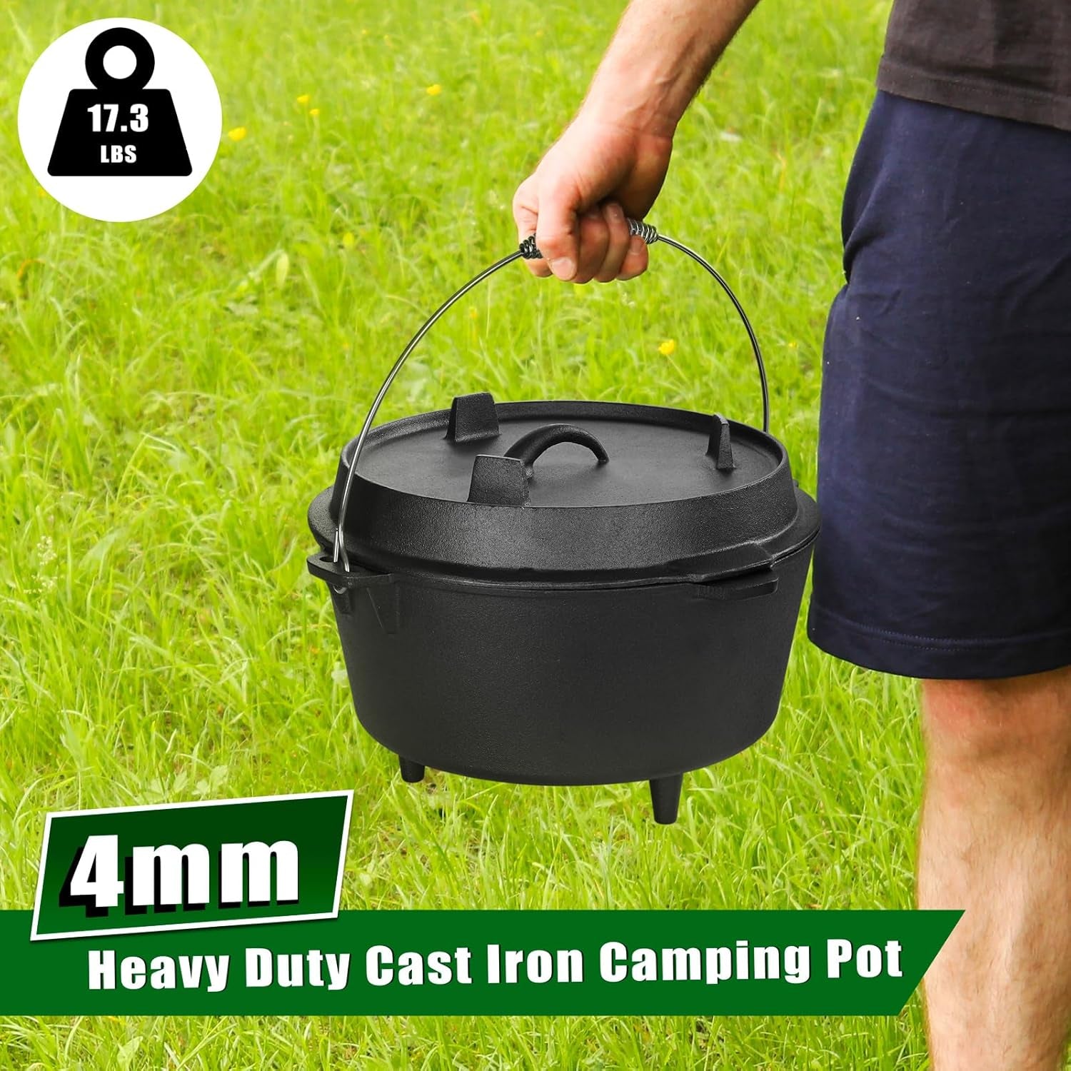 5QT Cast Iron Dutch Oven with Stainless Steel Scrubber,  2-In-1 Pre-Seasoned Camping Pot, Heavy Duty Campfire Pot with Feet for Outdoor Stovetop Griddle Cooking Baking Roasting Stewing