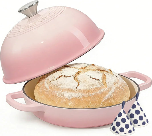 Cast Iron Dutch Oven Pot with Lid, round Bread Oven for Sourdough Bread Baking,  Enameled Cast Iron Bread Oven with Dome Lid & Cotton Potholders for Sourdough, Pink, 6 Quarts