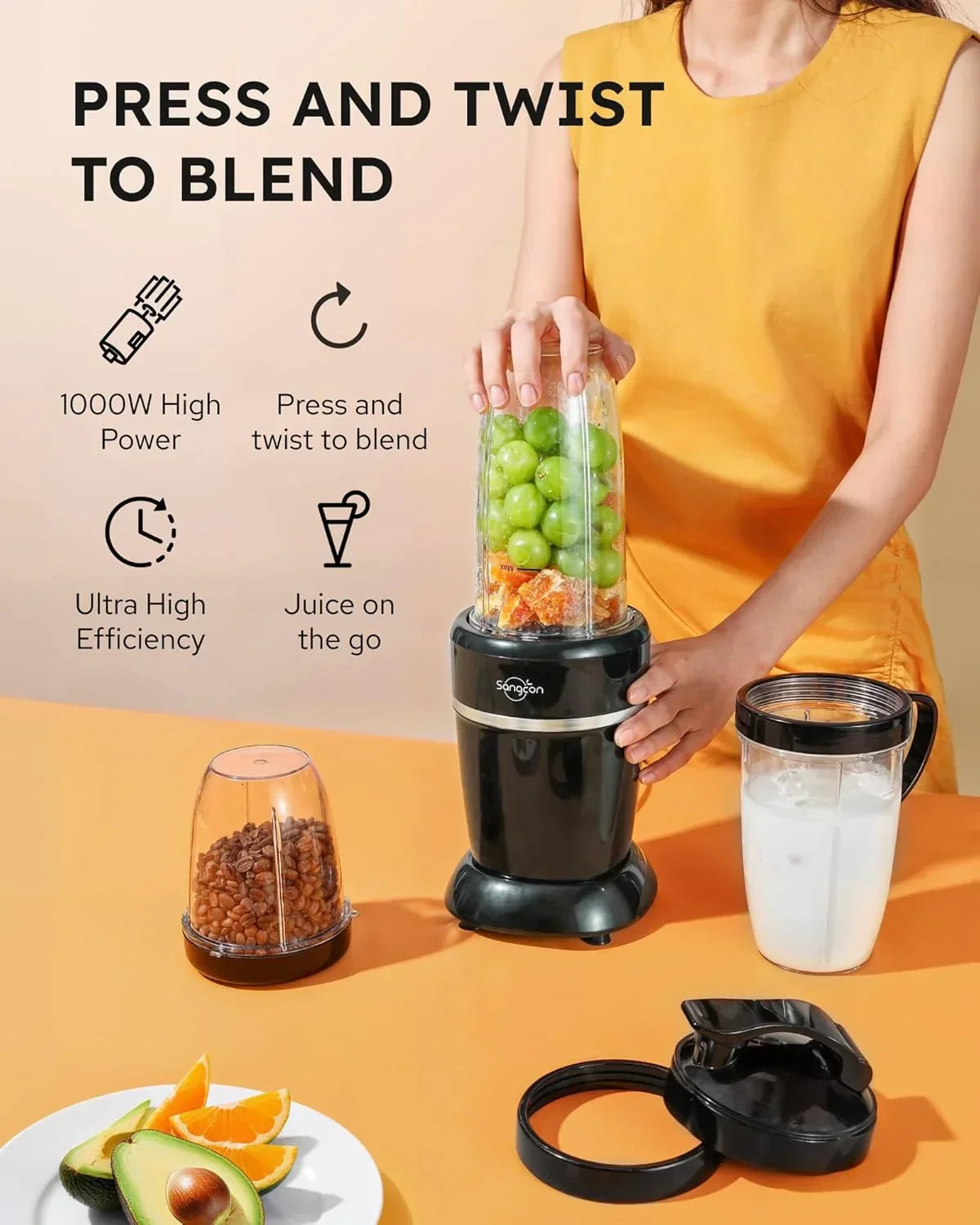 Portable blender with 1000W power blending grapes, perfect for juice on the go and kitchen routines