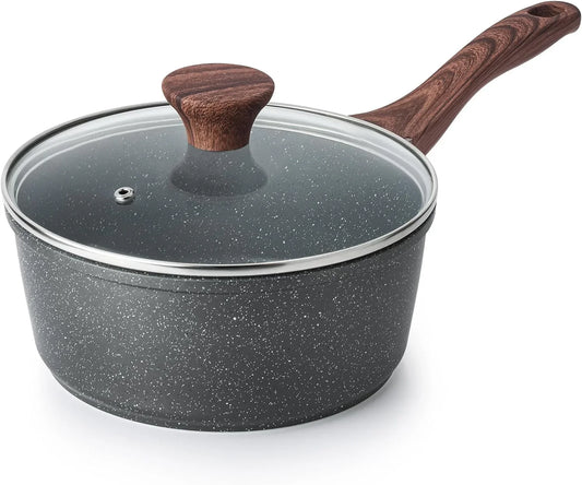 Nonstick Saucepan with Lid, 1.5 Quarts Small Pot with Swiss Granite Coating, Stay-Cool Handle, Multipurpose Handy Sauce Pot Small Kitchen Cooking Pot, Induction Comptable, PFOA Free