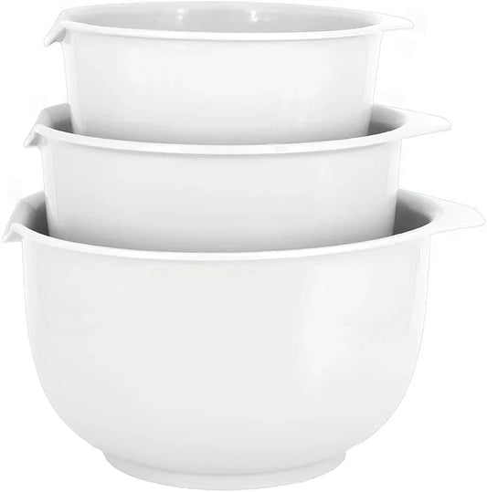 Mixing Bowls with Pour Spout, Set of 3 | Nesting Design Saves Space | Non-Slip, BPA Free, Dishwasher Safe Plastic | Kitchen Cooking and Baking Supplies, White