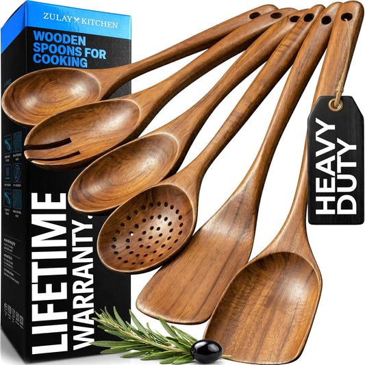 6 Piece Wooden Spoons for Cooking – Natural Teak Wooden Utensil Set, Easy to Clean, Durable, Smooth with Comfort Grip - Non Toxic Wooden Cooking Utensil Sets