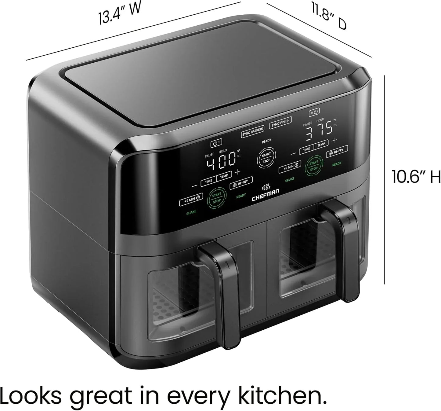 6 Quart Dual Basket Air Fryer Oven with Easy View Windows, Sync Finish, Hi-Fry, Auto Shutoff, 2 Independent 3Qt Nonstick Dishwasher Safe Frying Baskets, Digital Double Air Fryer - Black