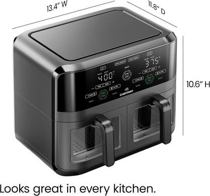 6 Quart Dual Basket Air Fryer Oven with Easy View Windows, Sync Finish, Hi-Fry, Auto Shutoff, 2 Independent 3Qt Nonstick Dishwasher Safe Frying Baskets, Digital Double Air Fryer - Black