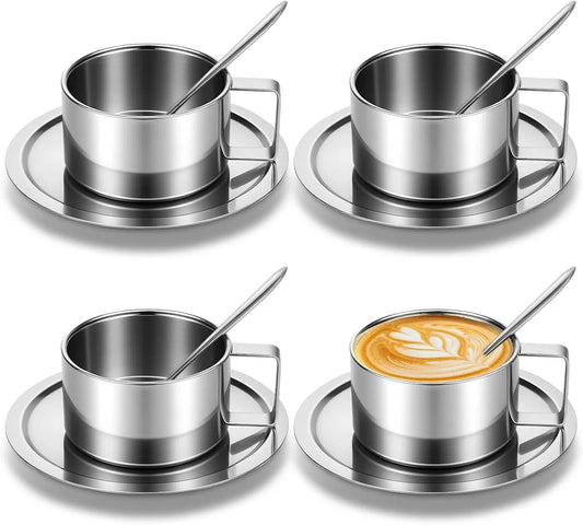 4 Pack 304 Stainless Steel Coffee Cup with Saucer and Spoon, 6.8 Oz/200Ml Double-Walled Insulated Coffee Mugs with Handle, for Latte Cappuccino Tea Milk, Dishwasher Safe