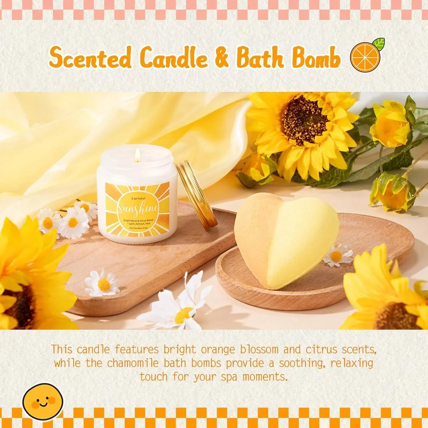 Scented candle and heart-shaped bath bomb with sunflowers, chamomile, and citrus aromas for spa relaxation