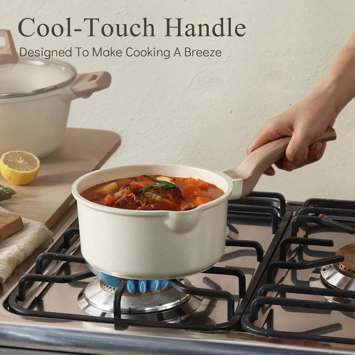 1.5Qt & 3.0Qt Sauce Pan Sets with Lid Cooking Pots Nonstick Saucepans Cookware Set with Pour Spout Small Kitchen Pot, Induction Comptable, Easy to Clean, PFOA FREE (White Granite)