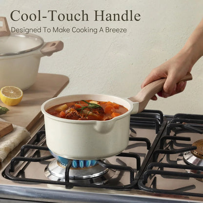 1.5Qt & 3.0Qt Sauce Pan Sets with Lid Cooking Pots Nonstick Saucepans Cookware Set with Pour Spout Small Kitchen Pot, Induction Comptable, Easy to Clean, PFOA FREE (White Granite)