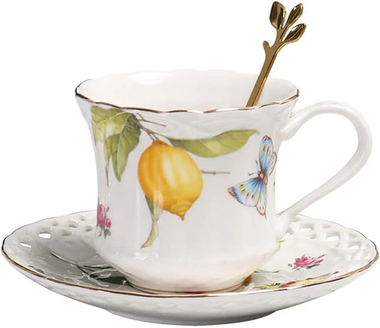 Porcelain Cup and Saucer Set with Golden Spoon, 6Oz Tea Cup Coffee Mug, Lemon and Butterfly Pattern