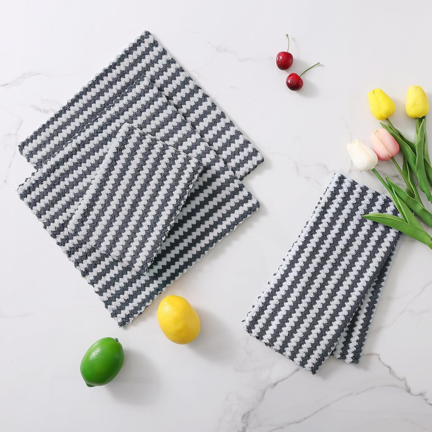 12 Pack Kitchen Dish Cloths, Ultra Soft and Absorbent Dish Towels, Reusable Fast Drying Microfiber Cleaning Cloth, Coral Velvet Wave Design No-Lint, 10 X 10 Inches, Dark Grey