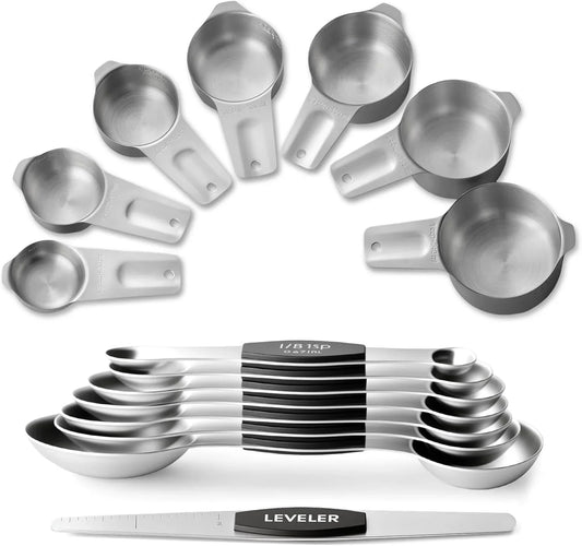 Stainless Steel Measuring Cups & Spoons Set,  Kitchen Tools Nesting Measuring Cups and Spoons, Fits in Spice Jars for Baking & Cooking, BPA Free, Set of 15 with Leveler, Black
