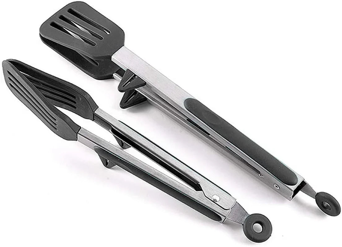 Kitchen Tongs 9 Inches and 12 Inches Fish Spatula Stainless Steel Locking with Silicone Tips Cooking Salad Buffet BBQ Serving Tongs Heat Resistant Meat Turner Spatula Tongs, Black