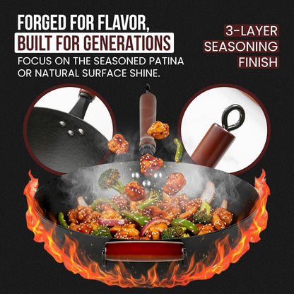 Pre-Seasoned Cast Iron Nonstick Stir-Fry Pan | Dual Handles & 4 Spatulas | Flat Bottom Wok with Wooden Lid & Wood Handle | Traditional Chinese Induction Wok (32Cm)