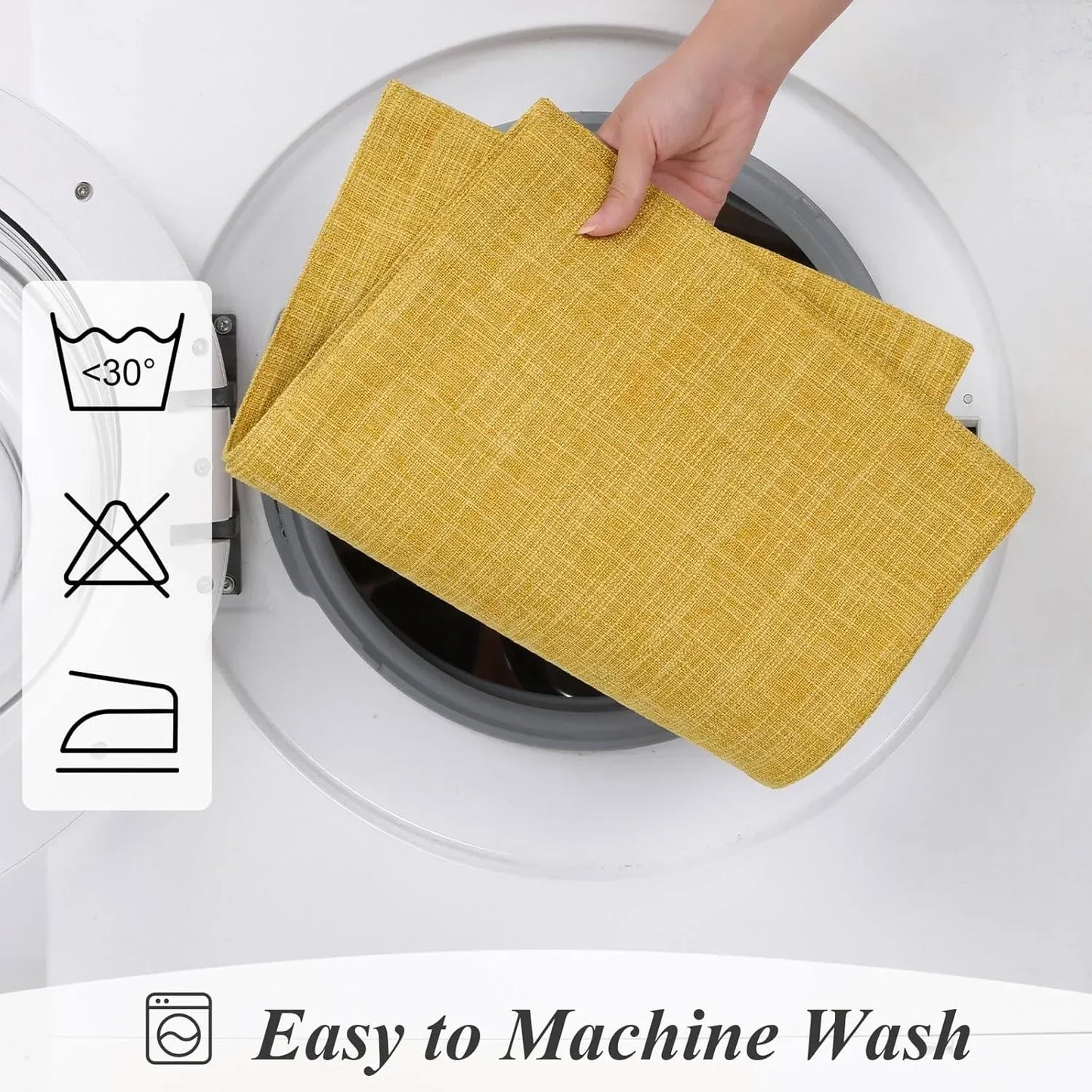 Yellow kitchen cloth being machine washed, easy care fabric for everyday use