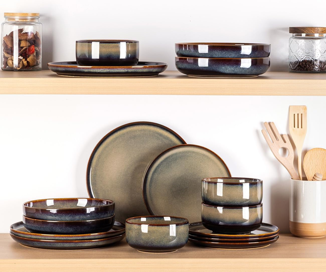 Ceramic Dinnerware Sets for 4, 12 Pieces Handmade Reactive Glaze Plates and Bowls Set, Scratch Resistant Dish Set, Oven & Microwave & Dishwasher Safe