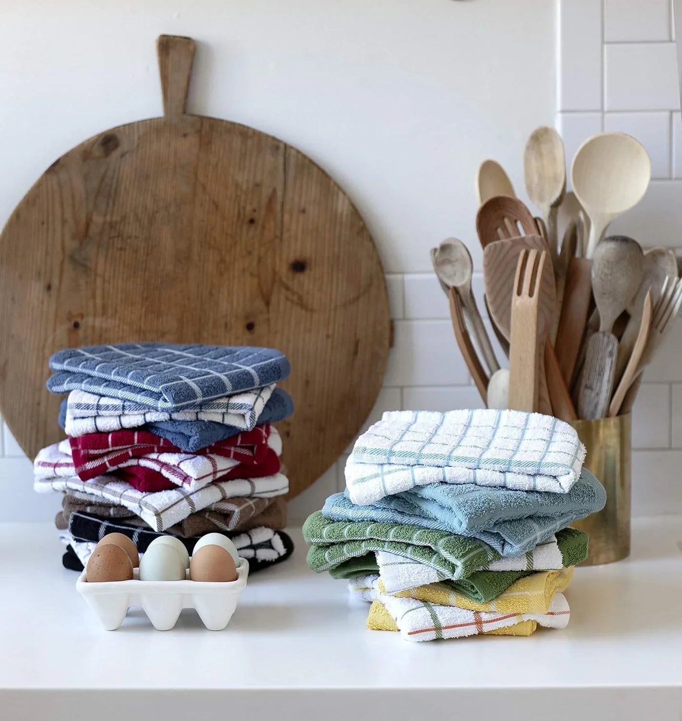 Premium 100% Cotton Terry Check Kitchen Dish Towels - Highly Absorbent, Super Soft, Long-Lasting, 25"X15", 3-Pack, Federal Blue