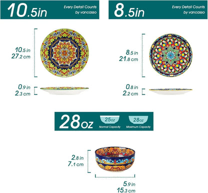 Plates and Bowls Sets,12-Piece Porcelain Dinnerware Set Service for 4, Bohemian Style Dishes Set for 4, Kitchen Dinner Set, Microwave and Dishwasher Safe, Scratch Resistant, Series KRVI