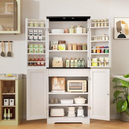 Kitchen Pantry Cabinet, Freestanding Farmhouse Storage Cabinet with 8 Door Shelves, 2 Cabinets and 1 Drawer, Tall Cupboard for Kitchen, Living Room, Dining Room and Bathroom, White