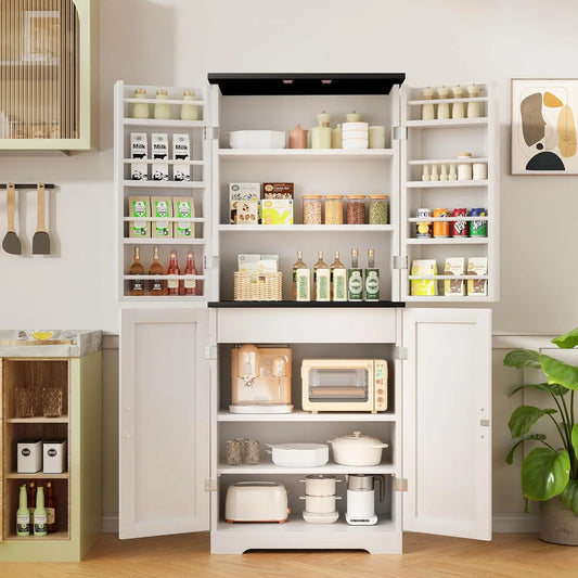 Kitchen Pantry Cabinet, Freestanding Farmhouse Storage Cabinet with 8 Door Shelves, 2 Cabinets and 1 Drawer, Tall Cupboard for Kitchen, Living Room, Dining Room and Bathroom, White
