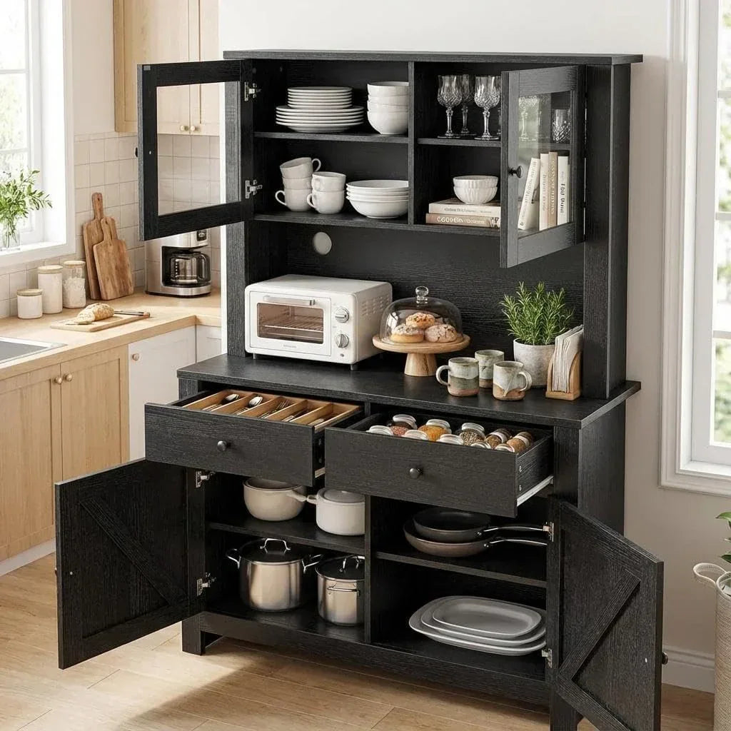 Black kitchen hutch with open doors displaying cookware, dishes, and storage drawers in modern kitchen