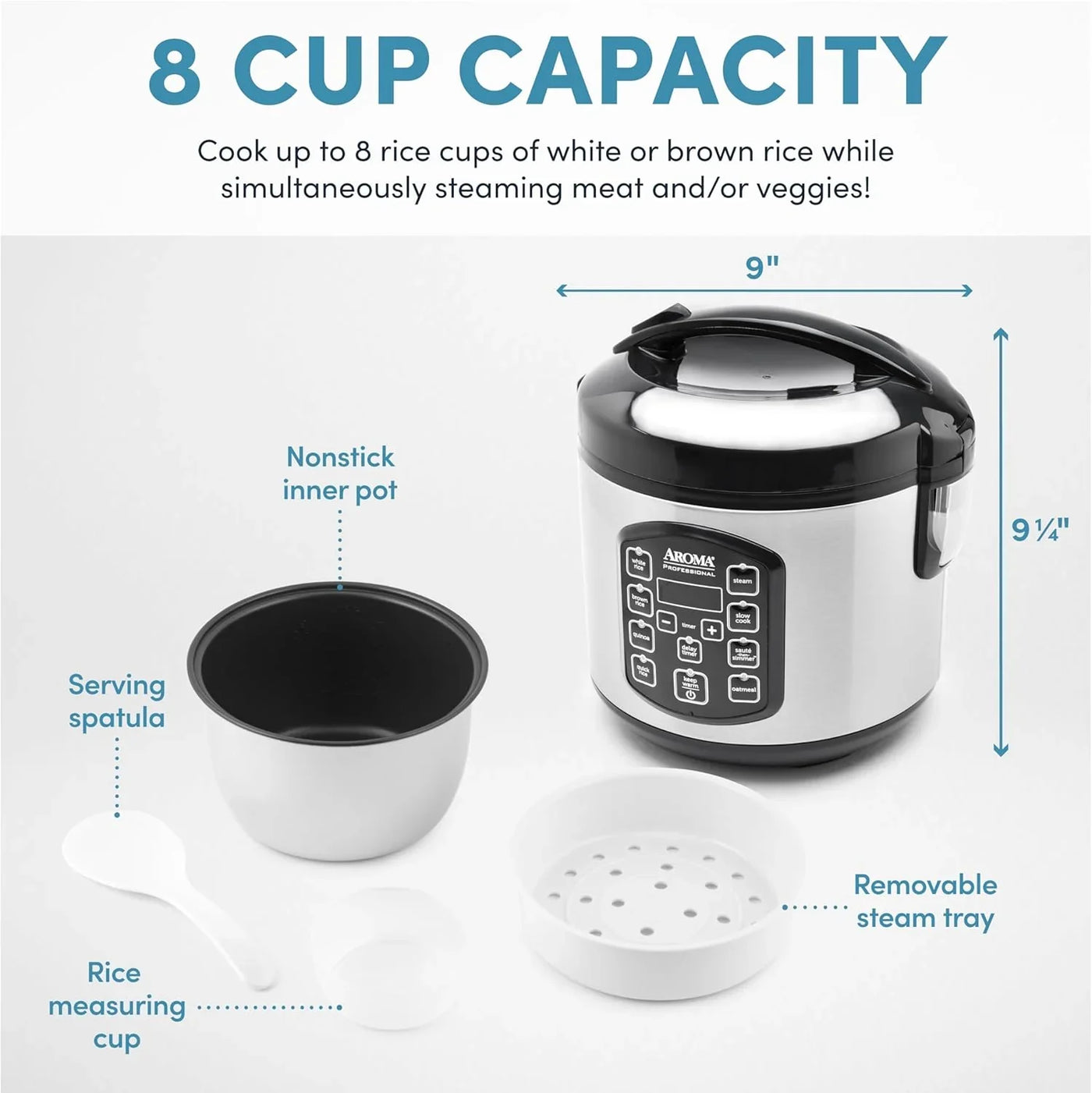 Professional Digital Rice Cooker, Multicooker, 4-Cup (Uncooked) / 8-Cup (Cooked), Steamer, Slow Cooker, Oatmeal Cooker, STS, Auto Keep Warm, 2 Qt, Stainless Steel Exterior, ARC-954SBD