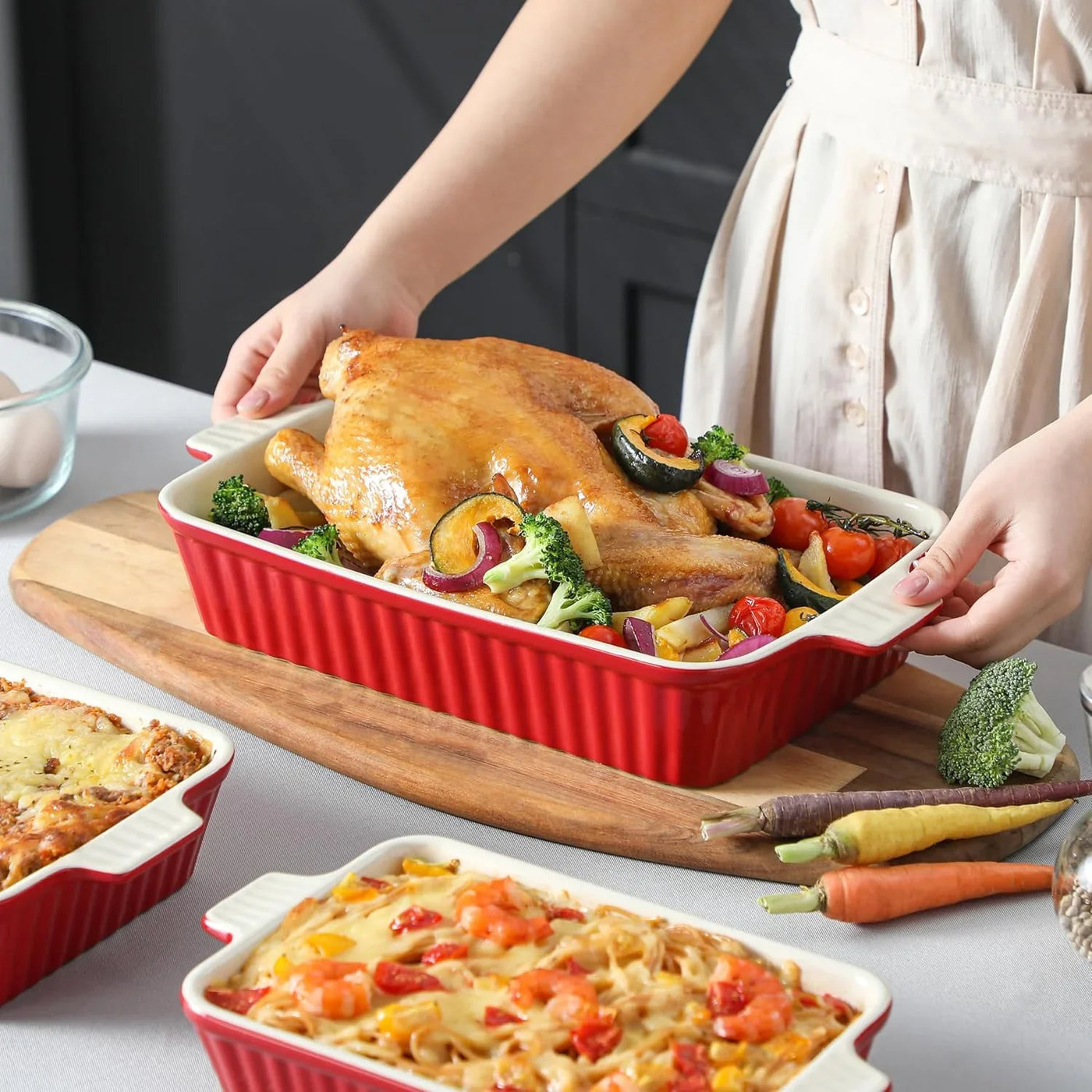 Bakeware Set of 4,  Porcelain Baking Pans Set for Oven, Casserole Dish, Ceramic Rectangular Baking Dish Lasagna Pans for Cooking Cake Pie Dinner Kitchen, Red (9.5"/11.25"/12.75"/14.5")