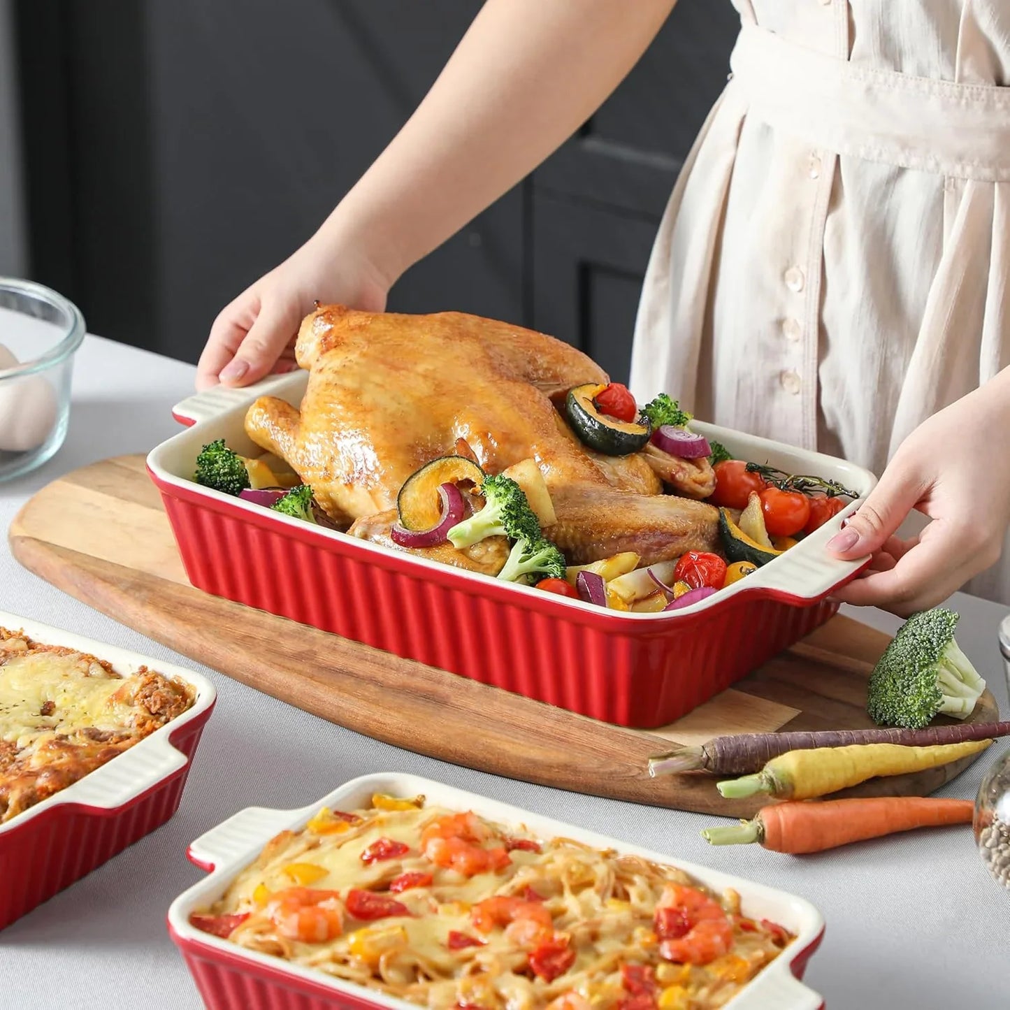 Bakeware Set of 4,  Porcelain Baking Pans Set for Oven, Casserole Dish, Ceramic Rectangular Baking Dish Lasagna Pans for Cooking Cake Pie Dinner Kitchen, Red (9.5"/11.25"/12.75"/14.5")