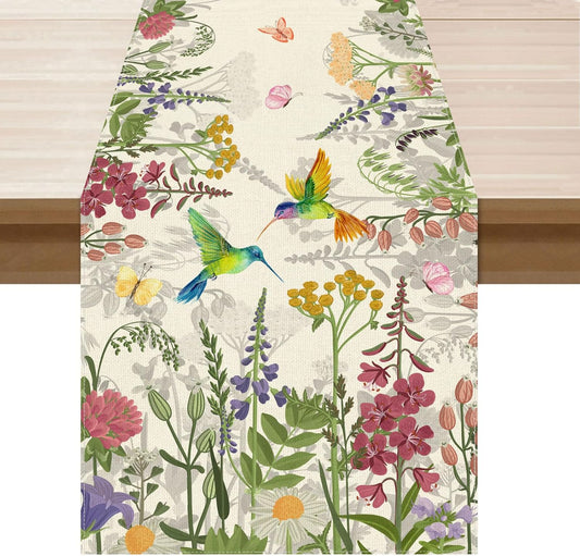 Wildflowers Grass Hummingbirds Spring Table Runner Summer Table Decoration for Party Home Kitchen Dining Holiday Decor 13X72 Inch