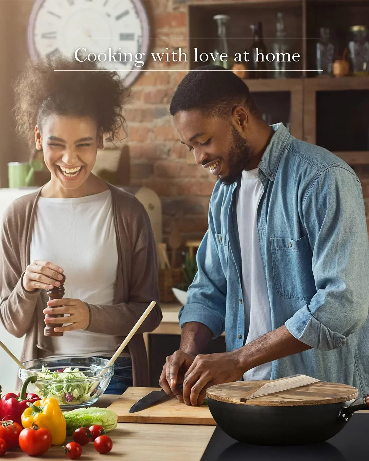 Couple cooking together with fresh vegetables and kitchen tools in a cozy home kitchen