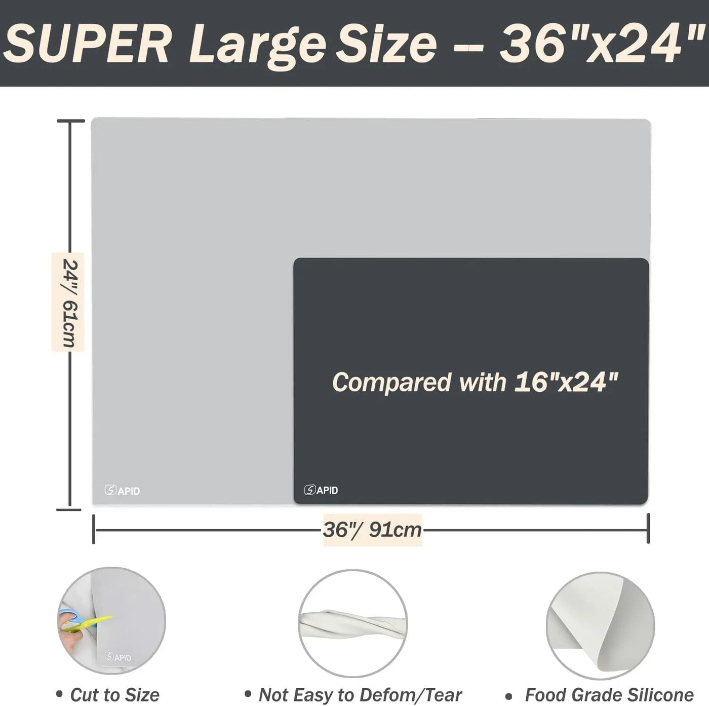 Extra Large Silicone Mat 36" X 24" Place Mats, Heat Resistant Mat for Kitchen Countertop Protector, Thick Placemats Washable Silicone Mats for Kitchen Counter Mat Dining Table Mat, Grey,