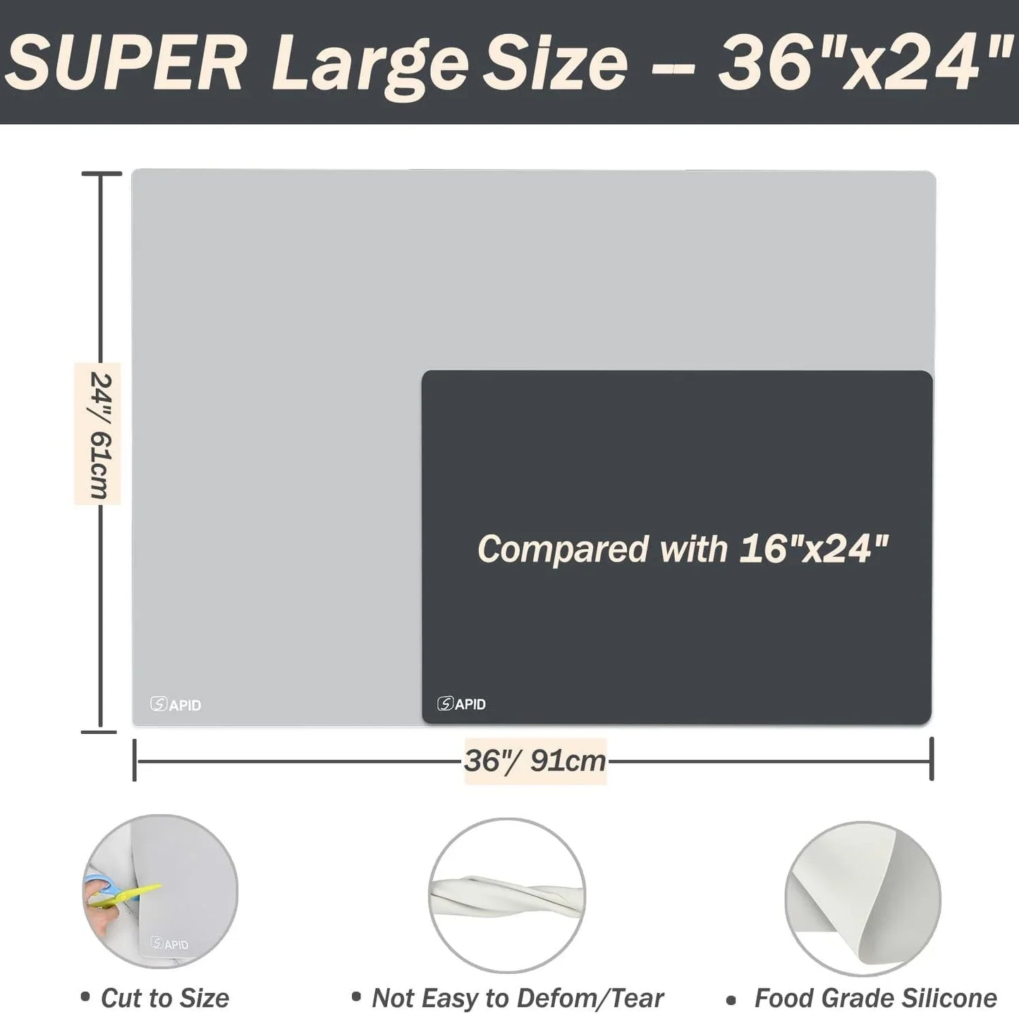 Extra Large Silicone Mat 36" X 24" Place Mats, Heat Resistant Mat for Kitchen Countertop Protector, Thick Placemats Washable Silicone Mats for Kitchen Counter Mat Dining Table Mat, Grey,