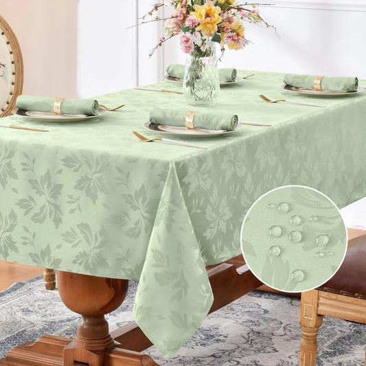 Spring Jacquard Rectangle Tablecloth - Outdoor Waterproof Damask Floral Pattern Decorative Table Cloth Heavy Weight Fabric Table Cover for Dinner/Parties/Outdoor - 52 X 70 Inch, Sage Green