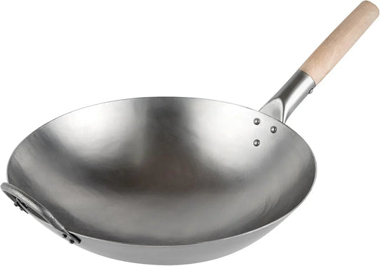 Motomori 14 Inch Hand-Hammered Carbon Steel Wok, 1 Traditional Japanese Wok - round Bottom, Wooden Handle, Black Carbon Steel Traditional Stir Fry Pan, with Helper Handle -
