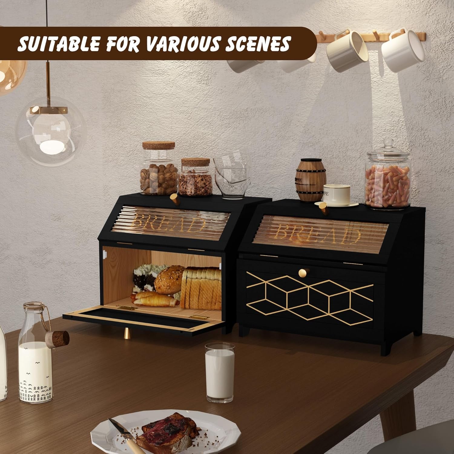 Double Layer Bread Box with Golden Trim for Countertop, Wooden Bread Container for Kitchen Counter, Corner Bread Storage (Black1)